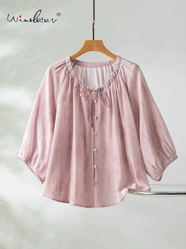 

Winsleter-100%Real Silk Double Crepe Elegant Shirt, 3/4 Sleeve Print, Women French Casual Loose Blouse, 2026 Summer New T65069CC
