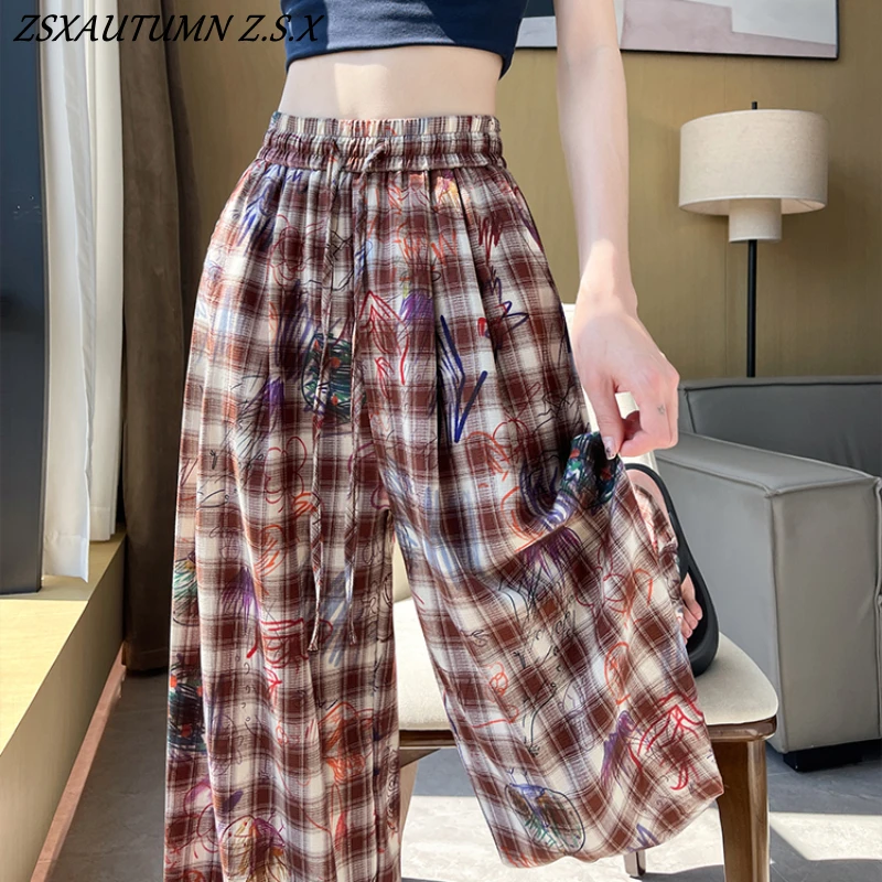 

American Streetwear Hand-painted Graffiti Pants Women's Summer Personality Printed Plaid Wide-leg Pants Fashion Female Trousers