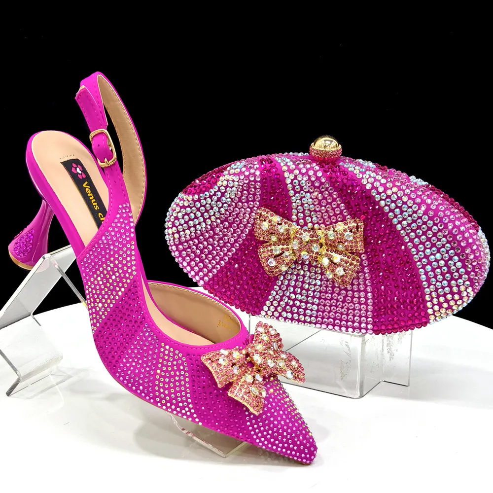 

Shiny Rhinestone Fuchsia Color Elegant High Heels Nigeria Popular Design African Ladies Shoes And Bag Set for Wedding Party ﻿