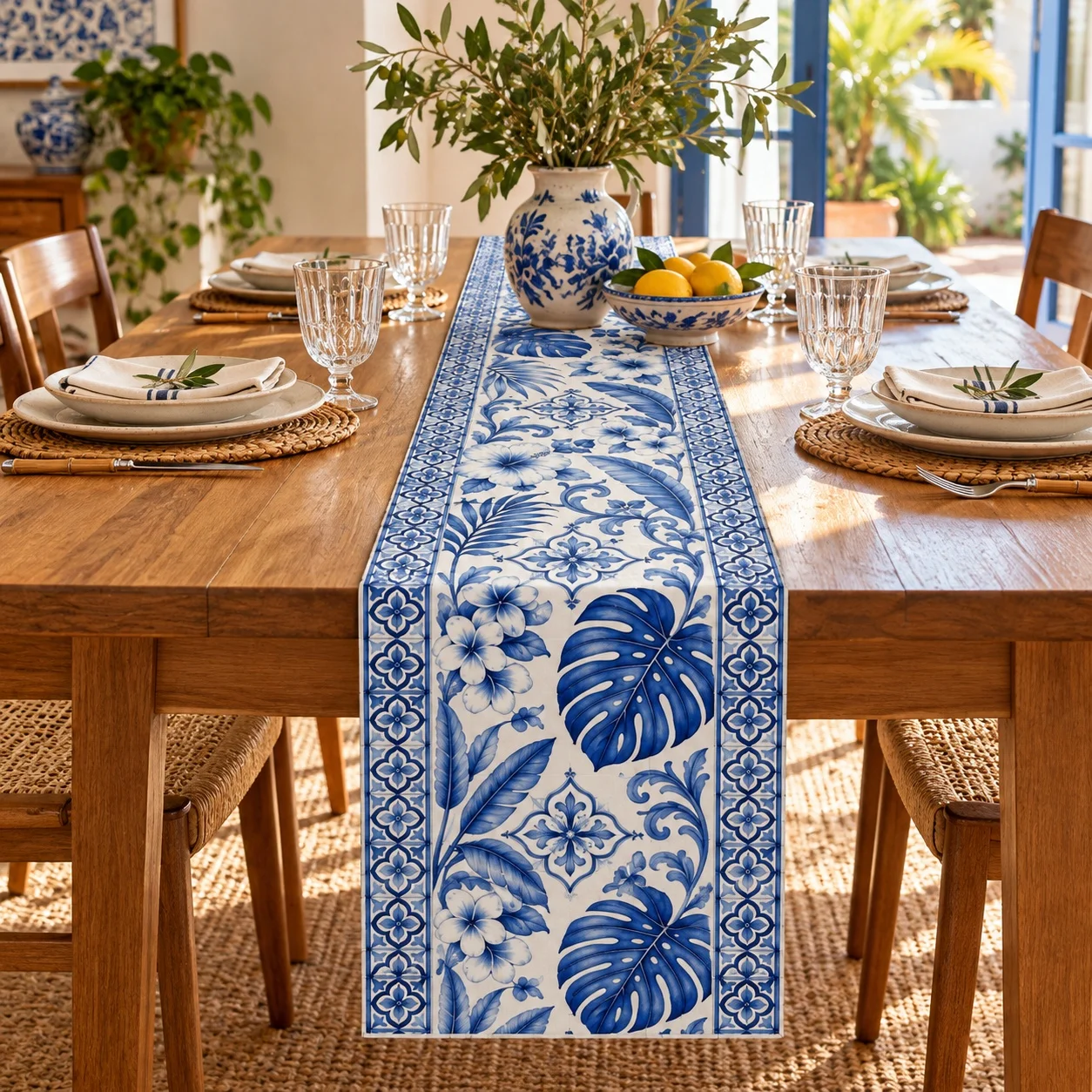 Blue White Floral Table Runner Tropical Botanical Table Flag Mediterranean Dining Decor Party Home Kitchen Decoration
