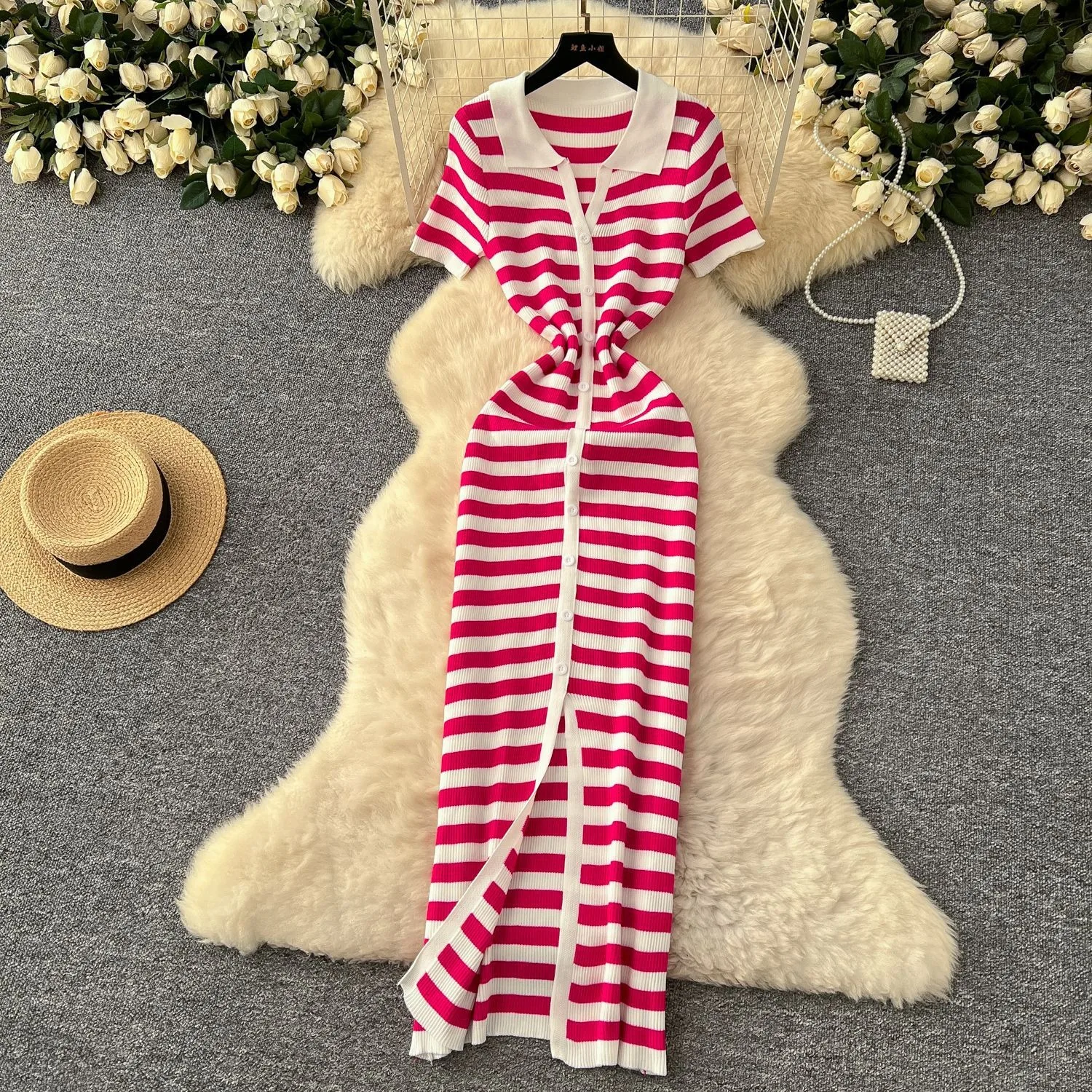 YuooMuoo Damenkleid 2026 Sommer Lässiges Allround-Kurzarm-Streifenkleid aus Strick, Langes Bodycon-Kleid für Damen, Outfits, Vestidos