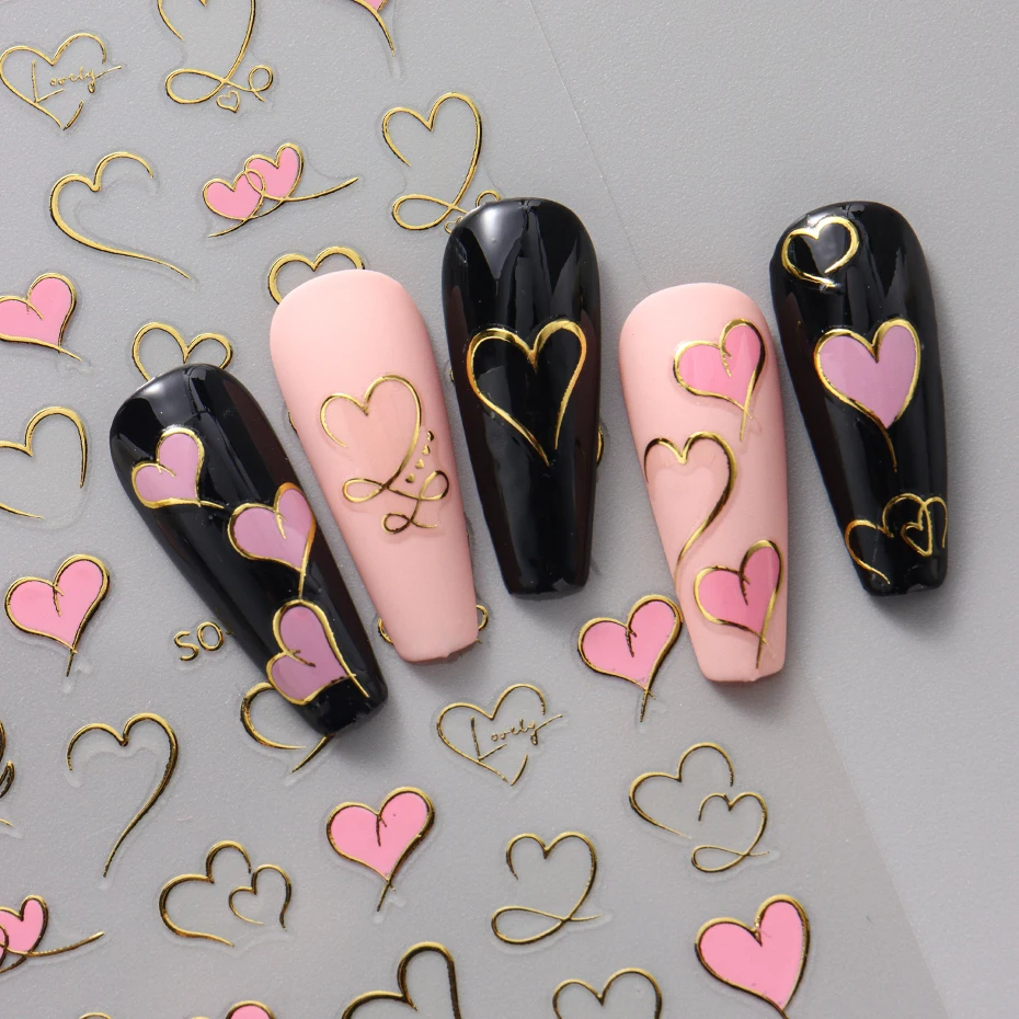 3D Kawaii Red Pink Gold Heart Nail Art Stickers Purple Love Self Adhesive Nail Decorations Slider Decals Valentine DIY Manicure