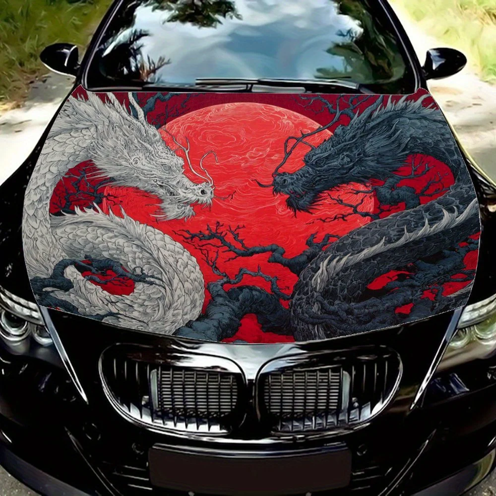 Dragon Battle Under The Red Moon Car Hood Decal Sticker - Durable PVC Vinyl Wrap For Most Vehicles, Eye-Catching Design, Engine
