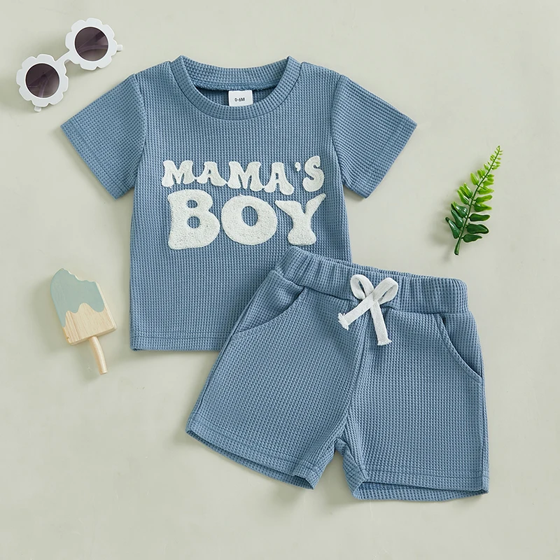 Infant Boy Casual Wear Short Sleeve Tee and Solid Shorts Set with Embroidered Letters - Summer 2 Piece Outfit in Waffle Knit
