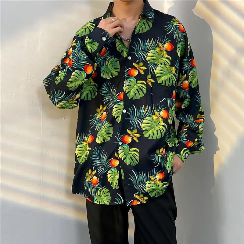 Vintage Streetwear Long Sleeved Floral Shirt Men Spring All-match Loose Floral Shirt Hip Hop Lapel Collar Multicolor Casual Tops