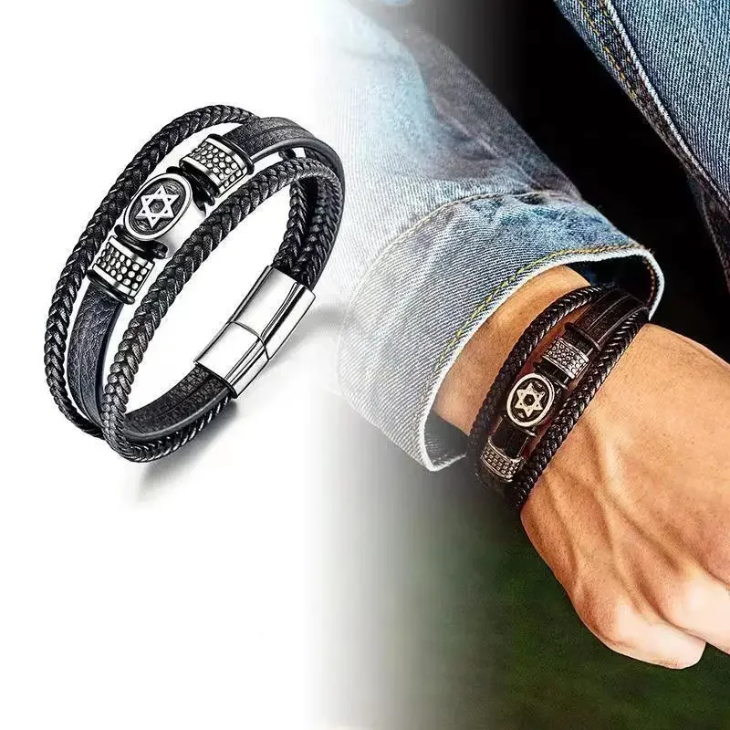 High Quality Metal Star of David Multi-Layered Leather Braided Bracelet for Men Charm Jewish Jewelry