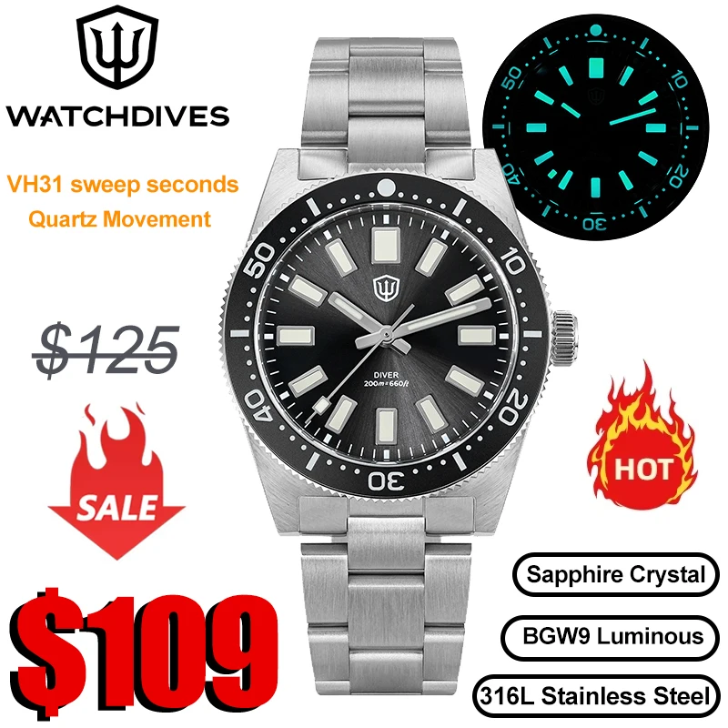 Watchdives Wd1965 V2 Fashion Quartz Wristwatches Vh31 Sapphire Man Watches Luxury Stainless Steel 200M Waterproof Diver Watch