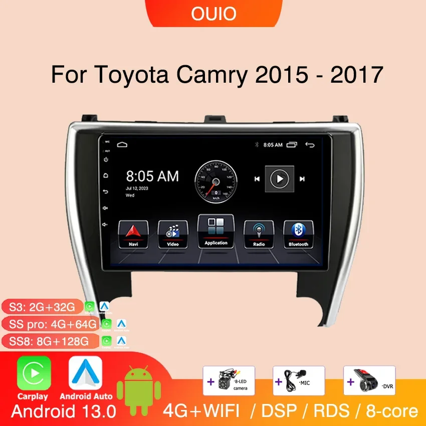 8GB+128GB 4G Android 13 Radio For Toyota Camry 8 50 55 2015-2017 Car stereo Multimedia Player Carplay Auto GPS navigation 2DIN