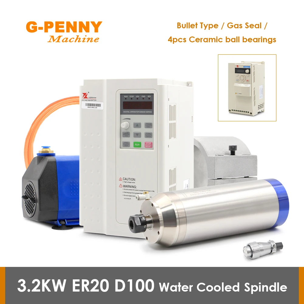 

G-Penny 3.2kw Stone Working Spindle Kit Water Cooled Spindle Gas Nozzle 4 pcs Bearings and 2.2kw Frequency and Bracket and Pump