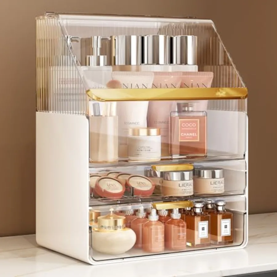 

Makeup Organizer Countertop with Lid, Skincare Organizers for Vanity, 3 Tiers Clear Makeup Storage Cosmetic Display Cases Holde