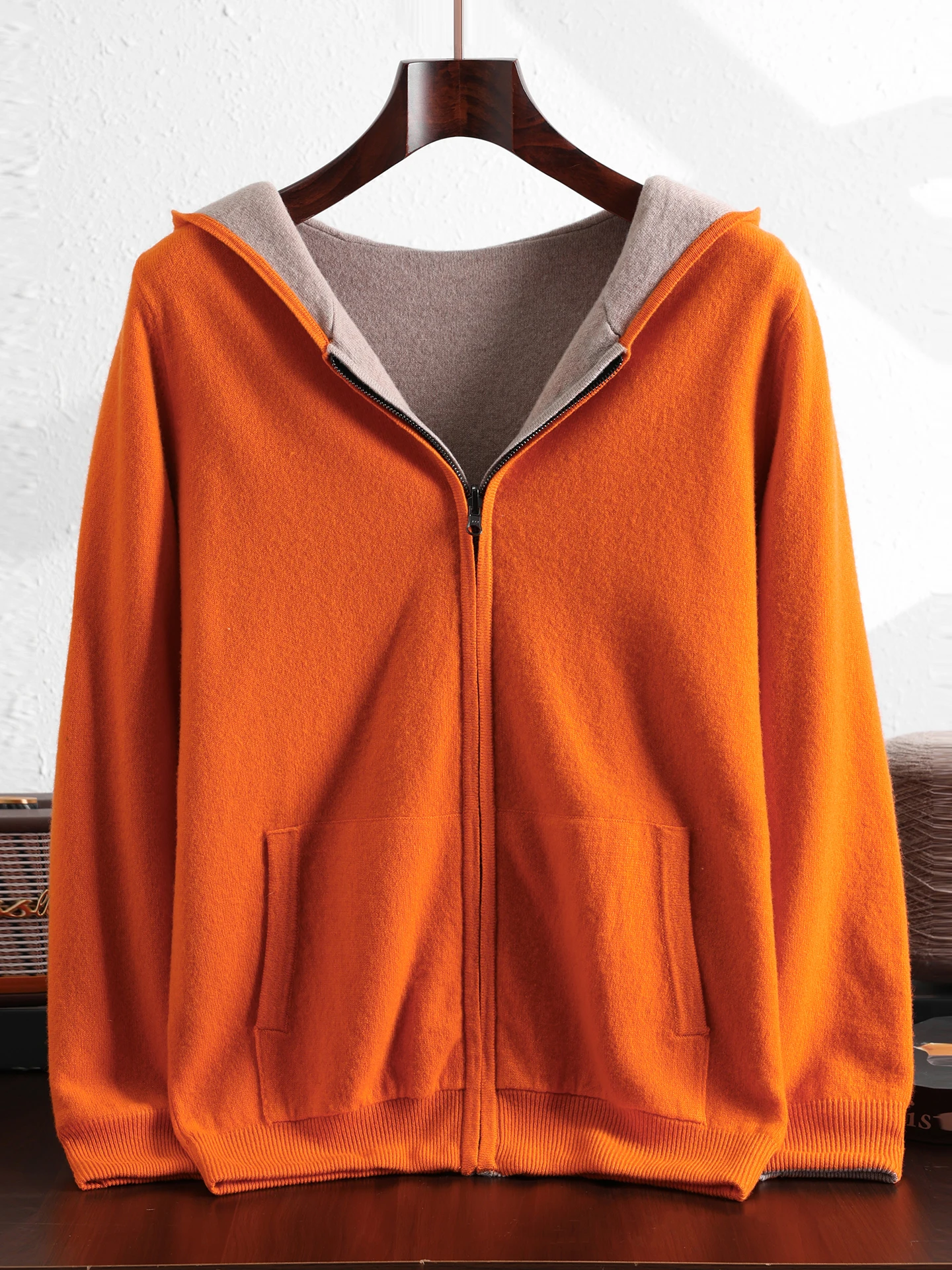 الذكية عادية 100% ميرينو الصوف الرجال سترة سميكة الخريف الشتاء الرجال محبوك مقنعين سترة الوجهين طويلة الأكمام الملابس القمم #4