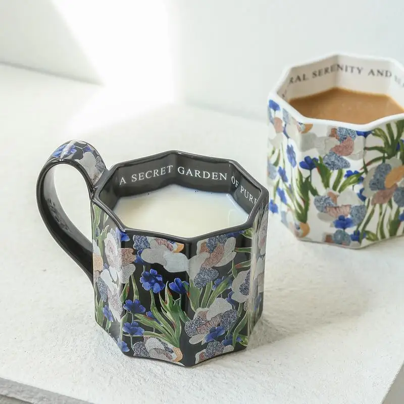  Coffee Mug Ceramic Octagonal Shape Iris Oil Painting Vintage Style Italian Creative Wind Mark Cup without Lid