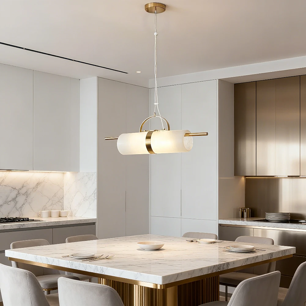 

Modern LED Spanish Natural Marble Alabaster Pendant Lamp Designer Dining Bedroom All Copper Pendant Lamp Indoor Decor Fixture