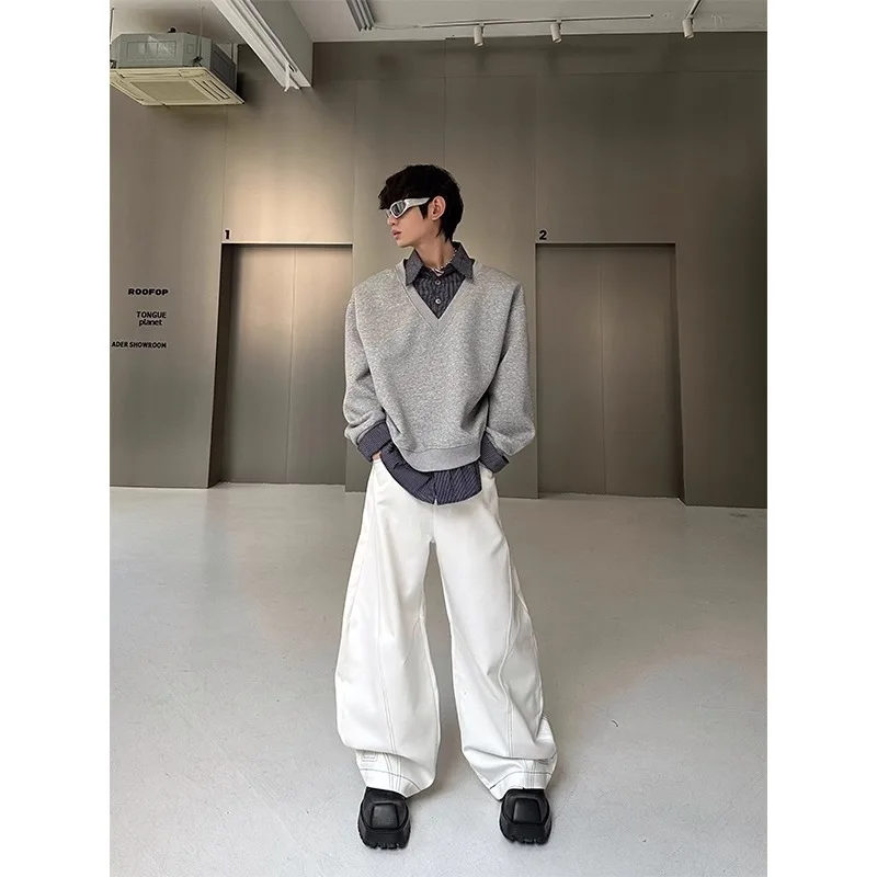 Autumn Winter Men's Korean Style Fake Two-Piece Patchwork Sweatshirt Men's Solid Color Versatile Loose Sweater