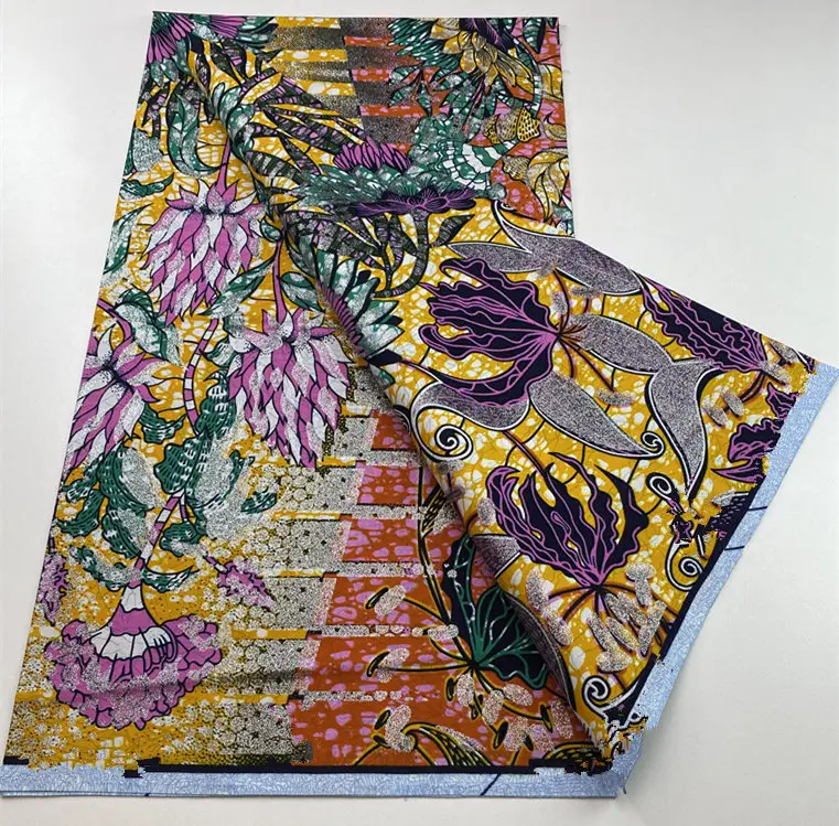 أحدث نسيج الشمع الذهبي الكبير الأفريقي الناعم عالي الجودة للنساء Pagne Flash Gold Print Batik أنقرة قماش شمع ذهبي لامع