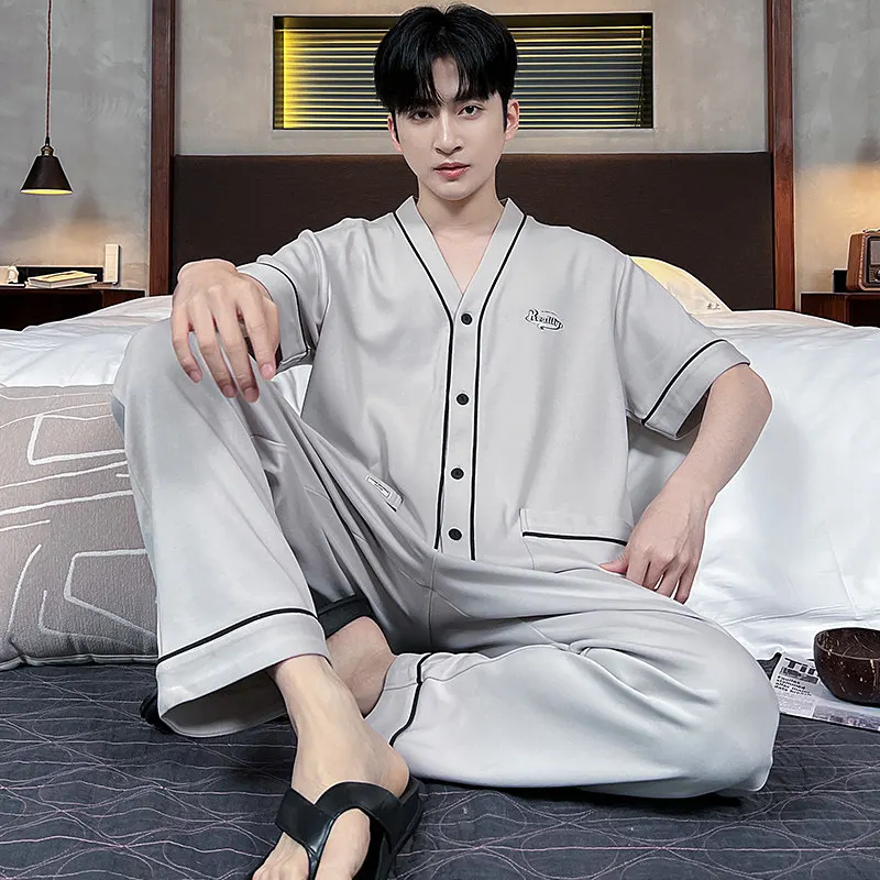 Breathable Men's Knit Cotton Pajamas V-Neck Kimono Style Short Sleeve Long Pants Summer Nightwear Male Homewear Homme Pyjamas