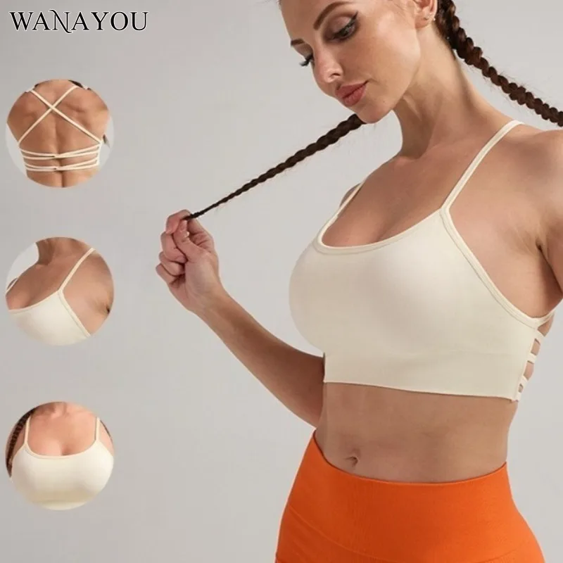 

WANAYOU Seamless Cross Back Sports Bra, Movable Chest Pad, Sports Umbilical Cord Top, Thin Shoulder Strap Design, Fitness Vest