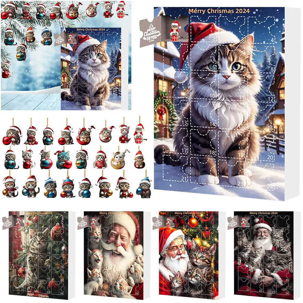 Bonito calendário do advento de natal árvore de natal gato pingente 2d acrílico gato pendurado pingente gato ornamento calendário para amantes de gatos