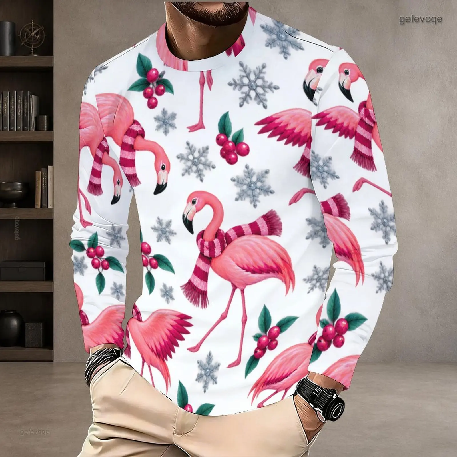 Men Round Neck Long Sleeve T-Shirt Printed with Cowboy Boots, Horseshoes, Holly Berries and Red Bows on White