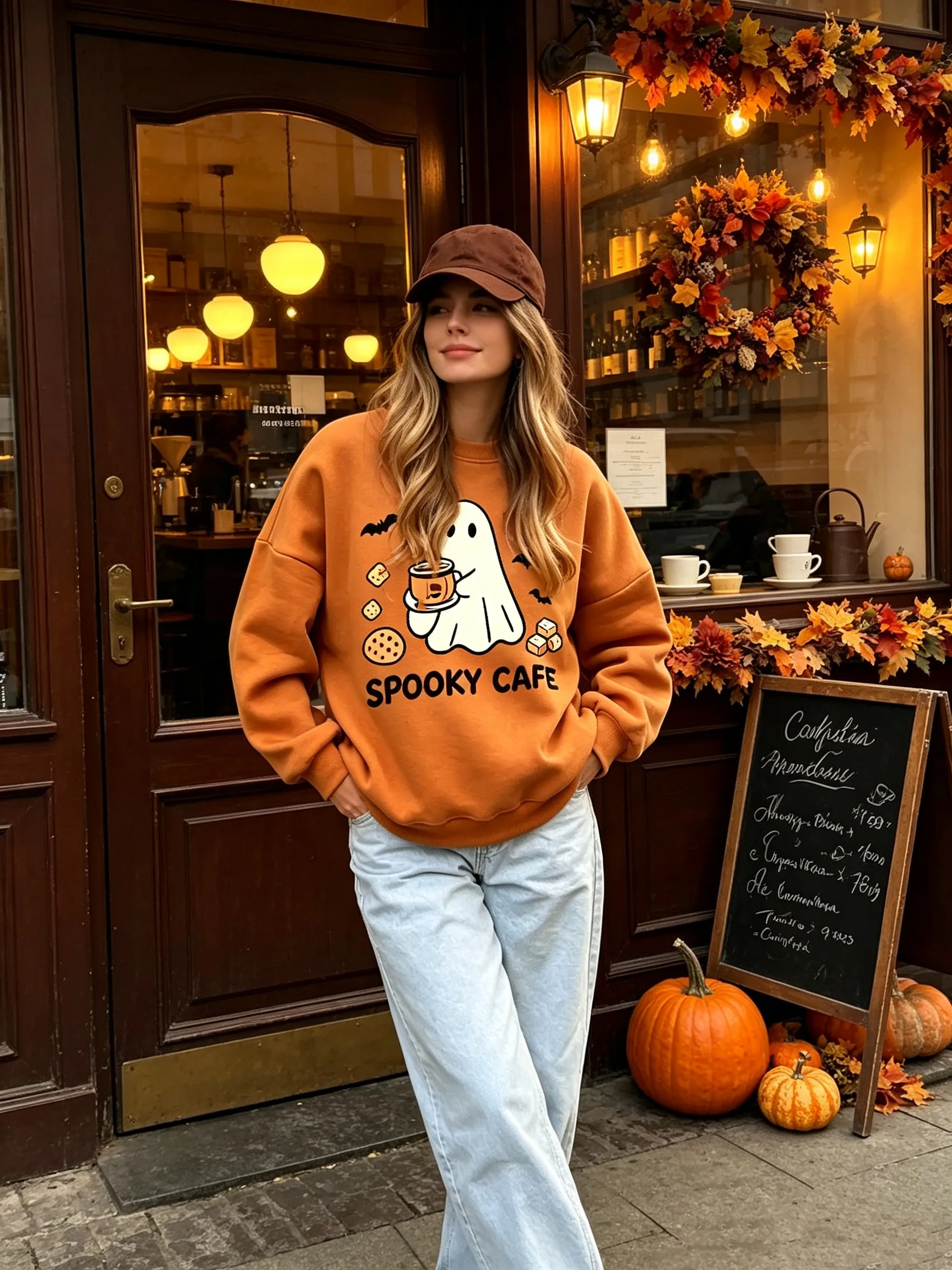 Halloween Spooky Cafe Design Women'S Casual Tops Fashion Sports Sweatshirt Soft All-Match Sweatshirts Hip Hop Fleece Sportswear