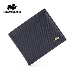 BISON DENIM Men's Carbon Fiber Wallet RFID Blocking Card Holder Coin Pocket Business Bifold Leather Purse Ideal Gifts For Men