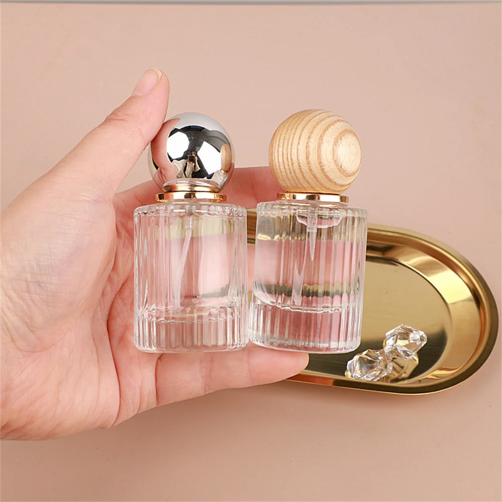 

30/50ml Round Perfume Bottle Wood Ball Lid Luxury Empty Thick Glass Spray Atomizer Cosmetics Container Refillable Sample Vials