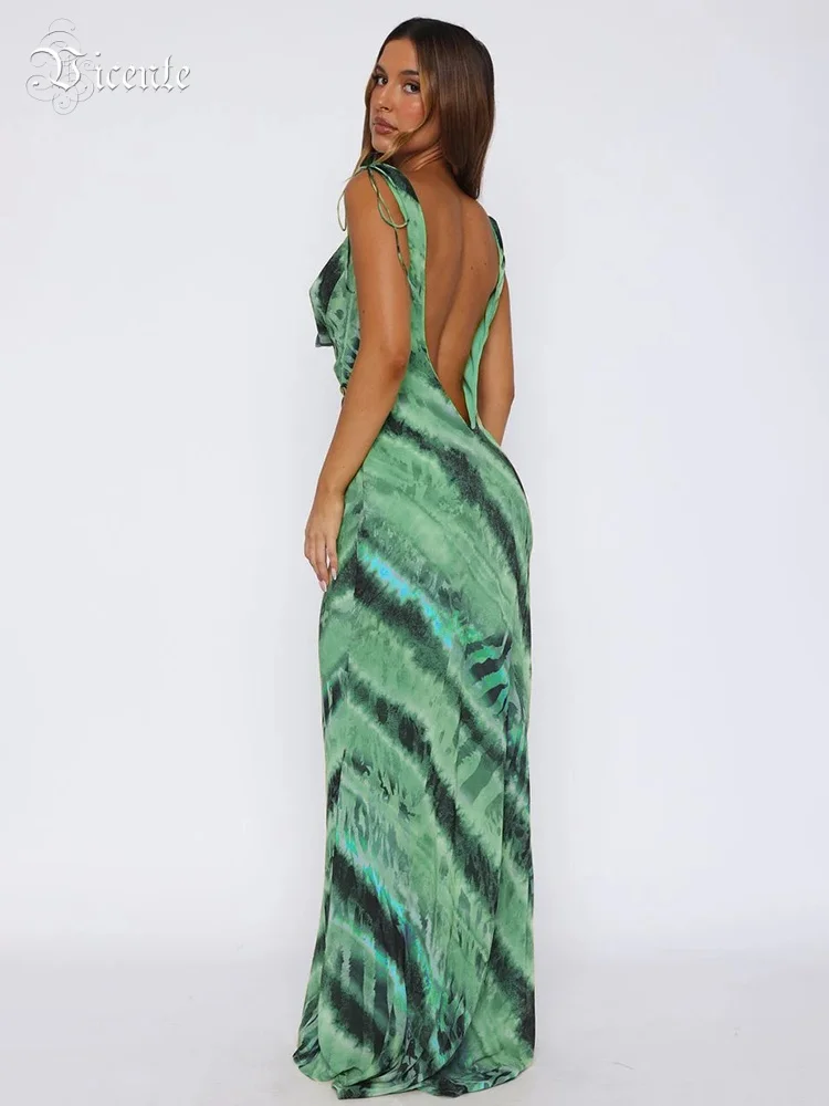 VC Artful Green Tie-Dye Abito lungo senza maniche con collo ad anello per abito da festa estivo in giardino