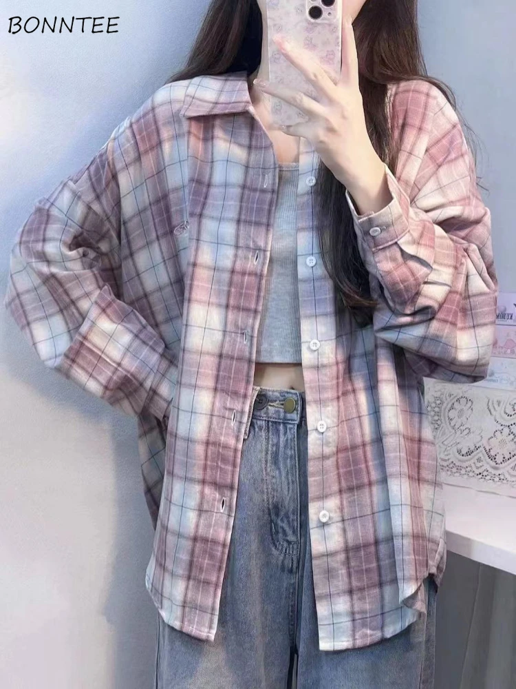 

Long-sleeved Shirt for Women Casual Plaid Ins Loose Fit All-match Turn-down Collar Vintage Autumn Daily Harajuku Gentle Students