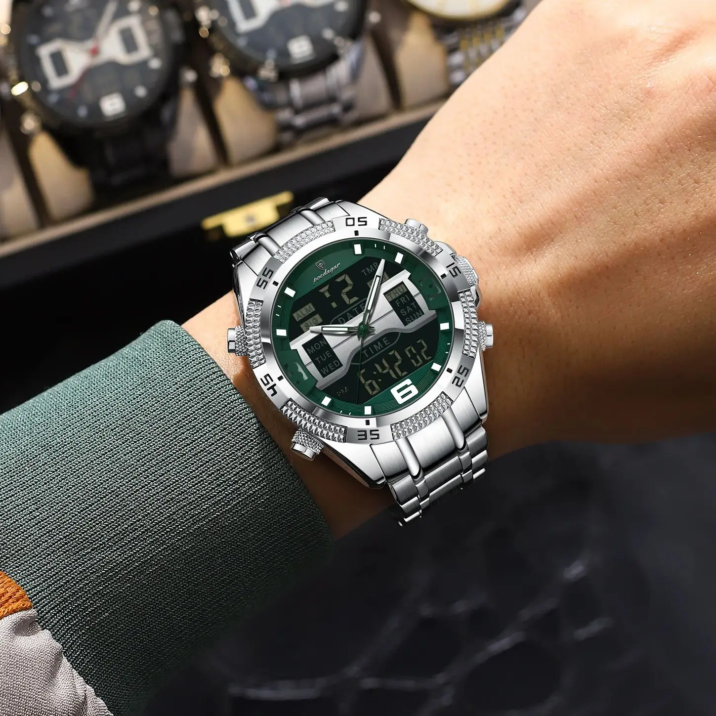 POEDAGAR светодиодные роскошные мужские часы спортивные двойной дисплей времени цифровые светящиеся мужские наручные часы с датой недели электронные кварцевые мужские часы