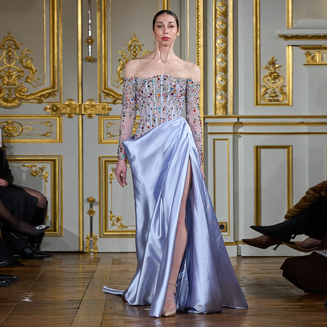 

Off‑Shoulder Crystal Embellished Evening Gown Long Sleeves High Slit Satin Dress Transparent Organza Baroque Glamour Party Gown