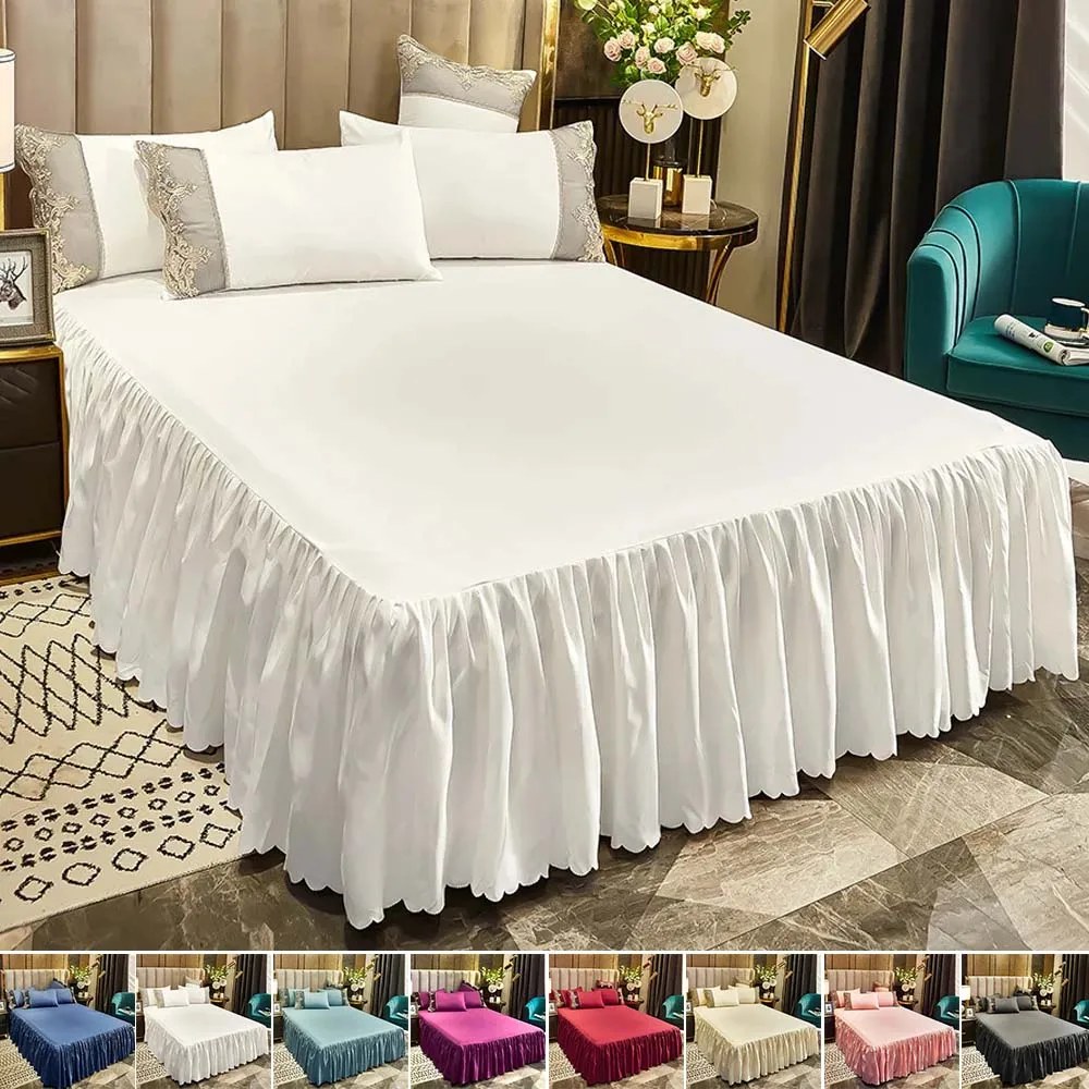 

Solid Color Soft Bed Cover Bed Skirt Cover Twin with Ruffle Princess Style Bedspread Mattress Dustproof Protection Cover 침대 스커트