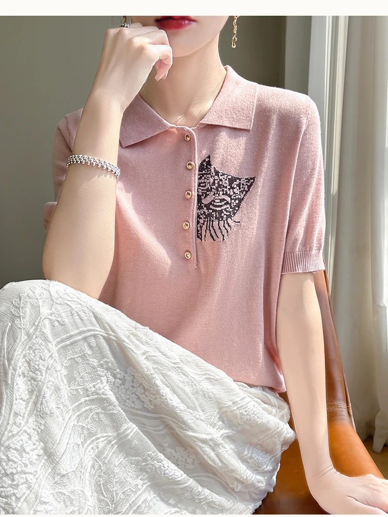 Worsted wool knitted short-sleeved T-shirt women's summer new cat embroidery bottoming shirt thin POLO collar T-shirt