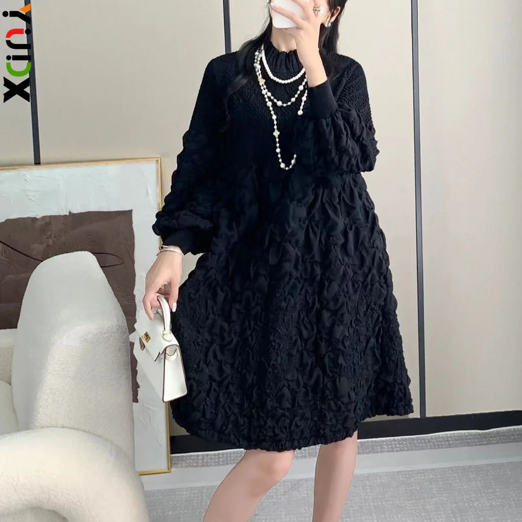 

Pleated Bubble Fashion Design 2024 Autumn New Women's Dresses Embroidery Slim High Quality Standing Collar Solid Color Dresses