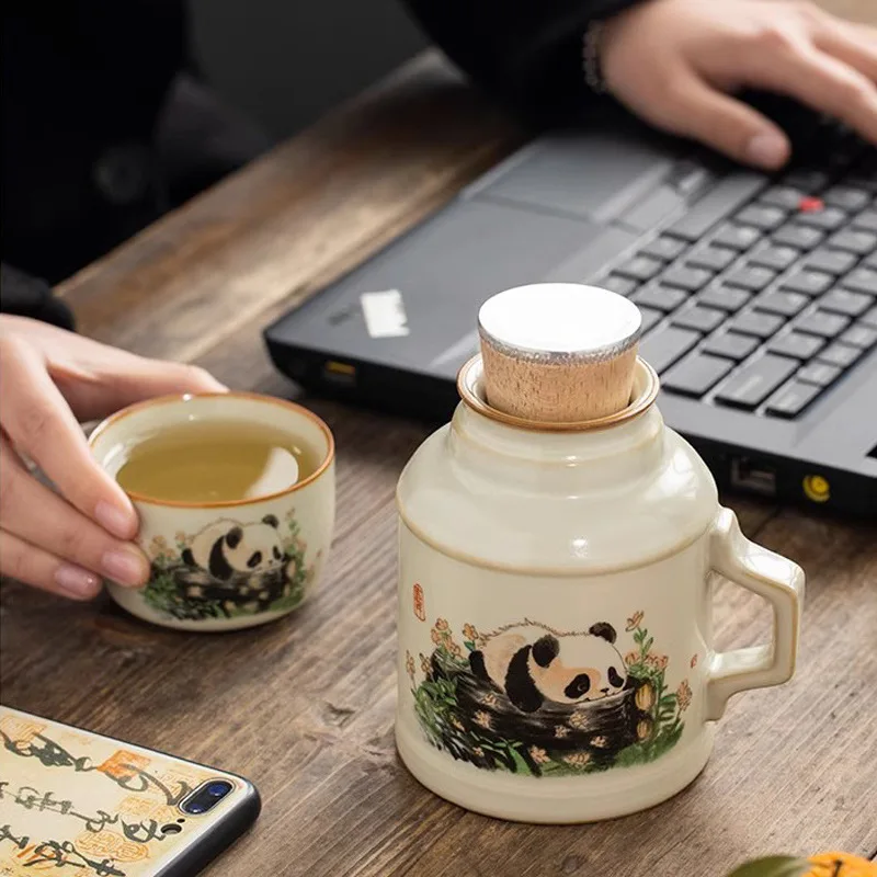 Panda Ru Ware Small Insulation Pot Creative Ceramic Braised Tea Cup Tea Cup High-End Tea Set Mug with Lid Outdoor Drinking Glass