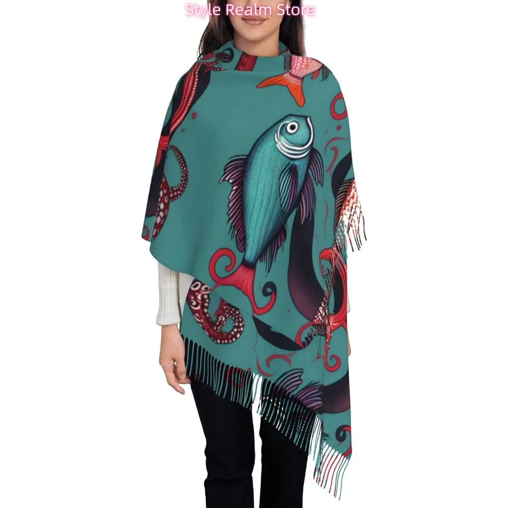 

Женский модный зимний шарф с принтом рыбы и осьминога, мягкие длинные стильные теплые шаль, шарфы, накидки