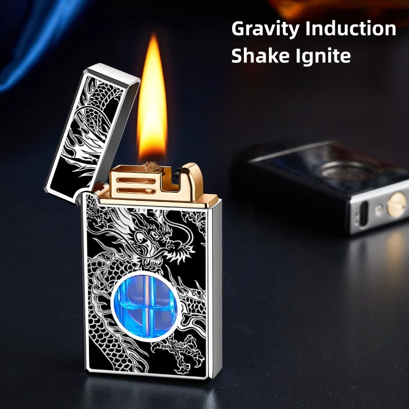 Metal Gravity Induction Shake Ignite Open Flame Kerosene Lighter Transparent Blue Light Oil Bin USB Charging Electric Lighters