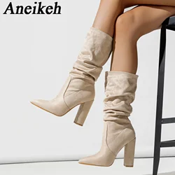 Aneikeh Spring Autumn Women's Thick Heel Boots Folded Elastic Cloth Pointed Small and Medium Mid-Calf Boots botas femininas