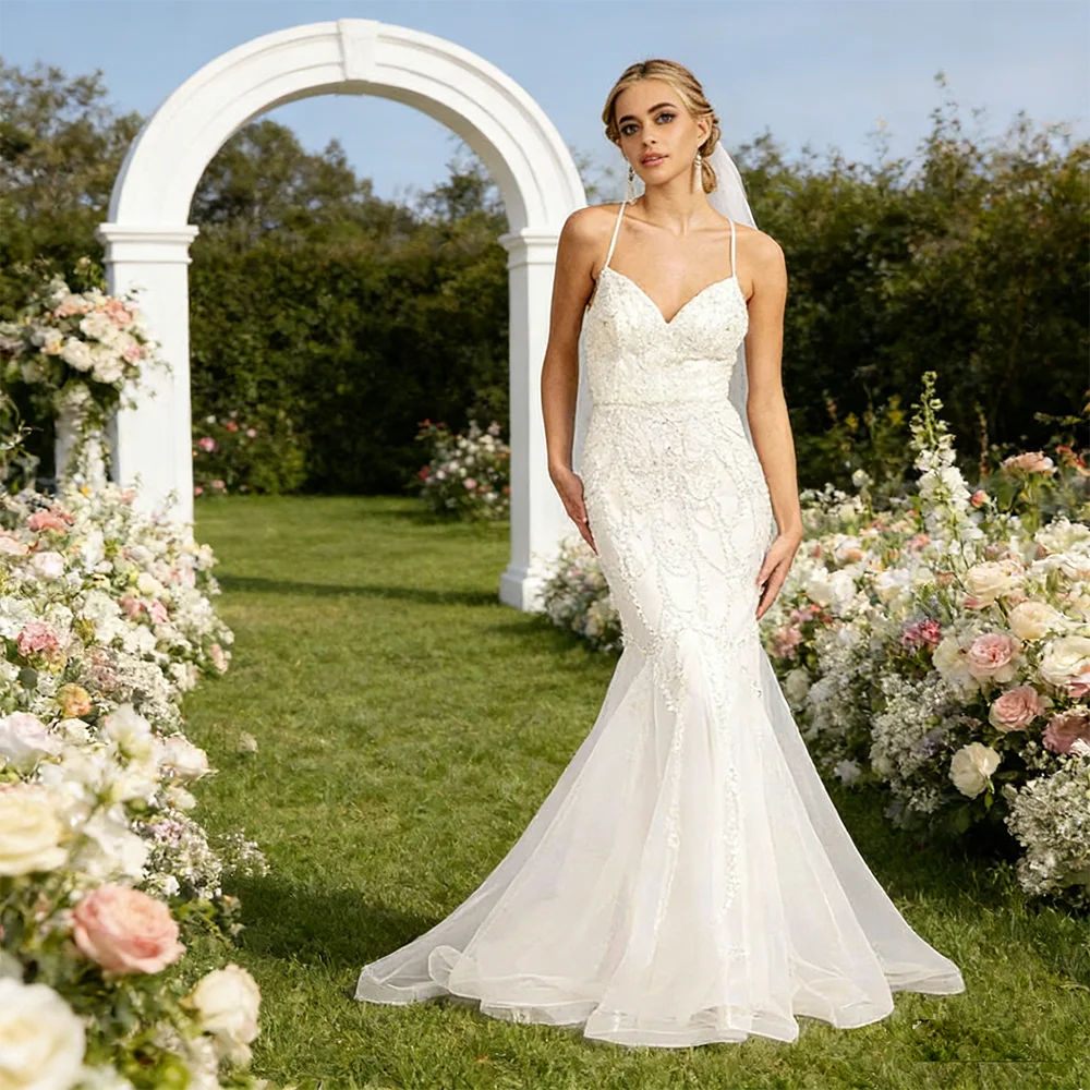 

Fashion Halter Sleeveless Wedding Dress with Veil Pearls Mermaid Pleat Tulle Floor Length Bride Marry Dresses Customized