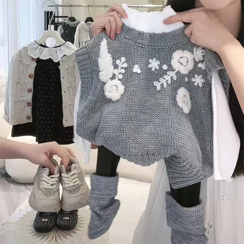 

NL-Korean Children's Clothing Girls' Autumn Clothing Suits Children's Fashion Gray Knitted Vest Baby Leggings Tide