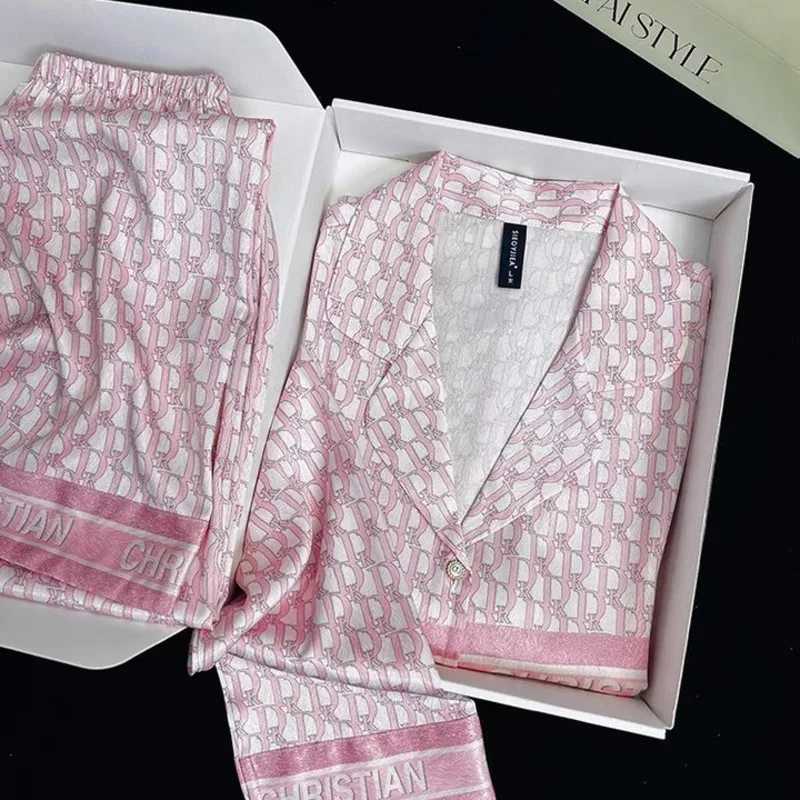 

2025 Summer Autumn Ice Silk High-End Luxury Two Piece Set Women Pajamas Herringbone Long Sleeve Pants Nightgwear Sleepwear