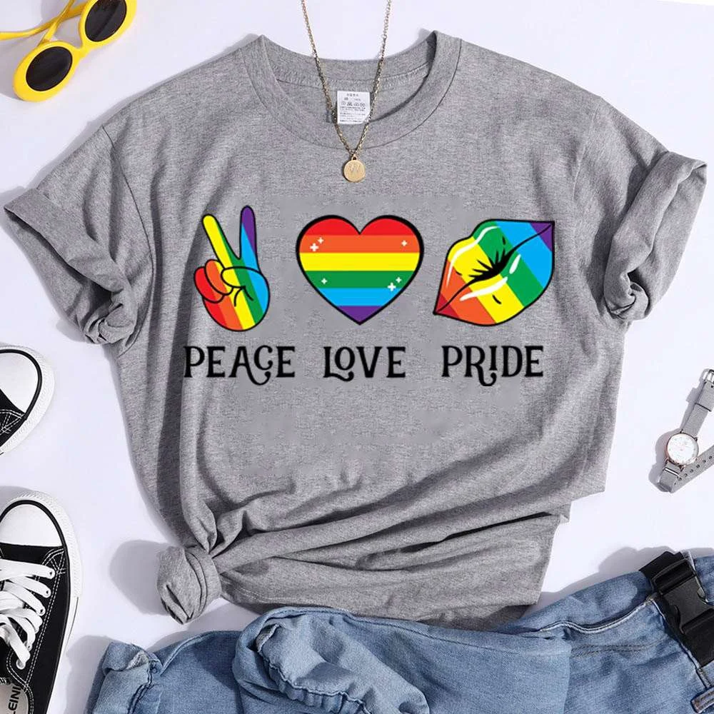 Cute LGBT Peace Love Pride T-shirts For Women Summer Tee Shirt Femme Casual Short Sleeve Round Neck Tops T-shirts