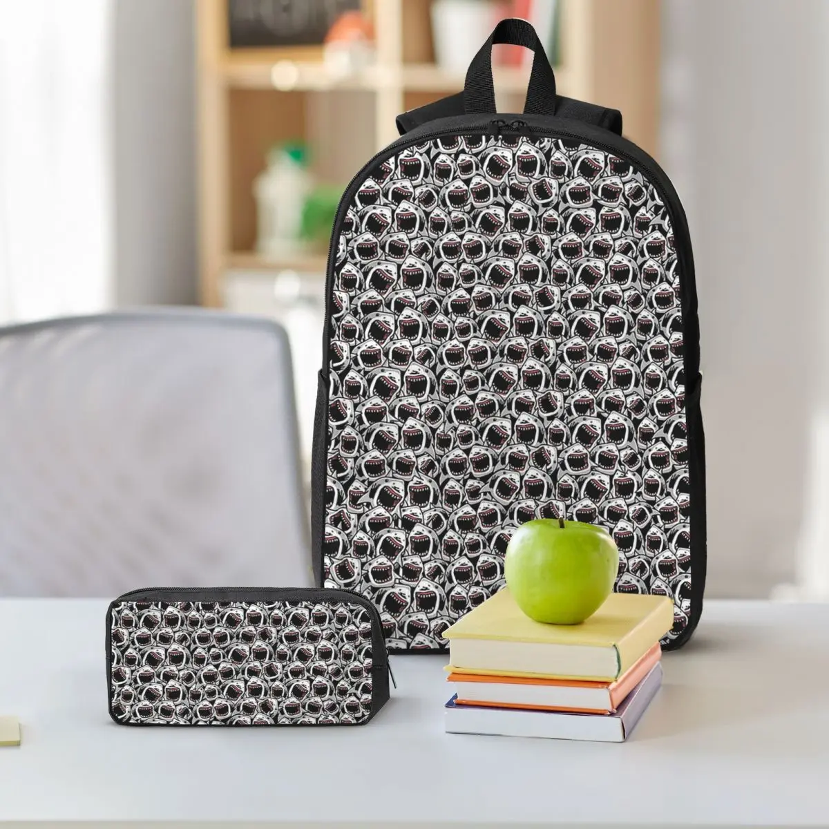 Feeding Frenzy Shark Attack Backpack Student BookBag School Bag Shoulder Bags 3ps Insulated Lunch Bag Pencil Case