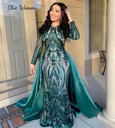 Abito da sera vintage verde smeraldo con strascico staccabile Plus Size Paillettes Dubai Abaya Abito da ballo musulmano Festa formale personalizzata