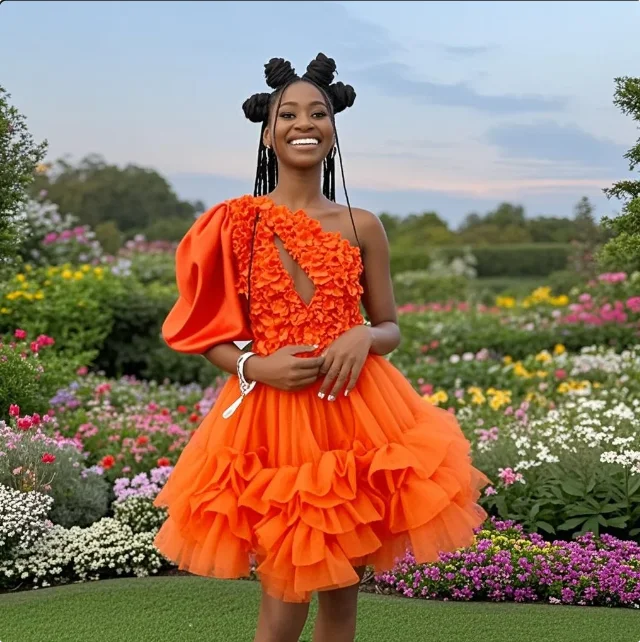 

Orange One Shoulder Short Prom Dress 3d Lace Appliques Beaded Ruffles Tulle Evening Gowns Black Girls Cocktail Party Dress