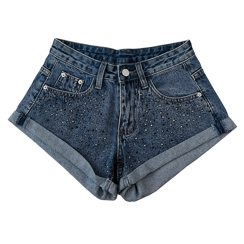 Shiny Diamond Denim Shorts Retro Fashion High Waist Curled Wide Leg Pants Women's 2025 Summer Casual High Street Hot Pants