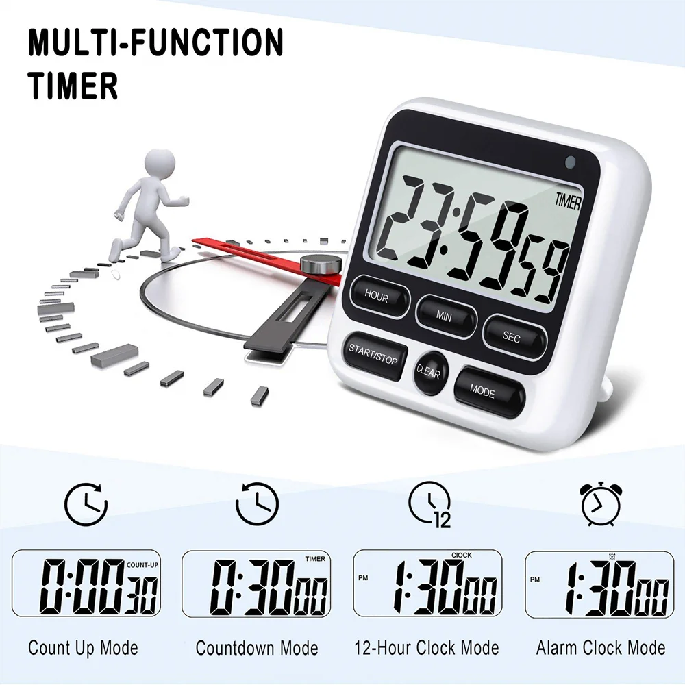 LCD Display Digital Kitchen Timer with Mute/Loud Alarm Switch ON/Off Switch 24 Hour Clock Alarm for Kids Teachers Cooking