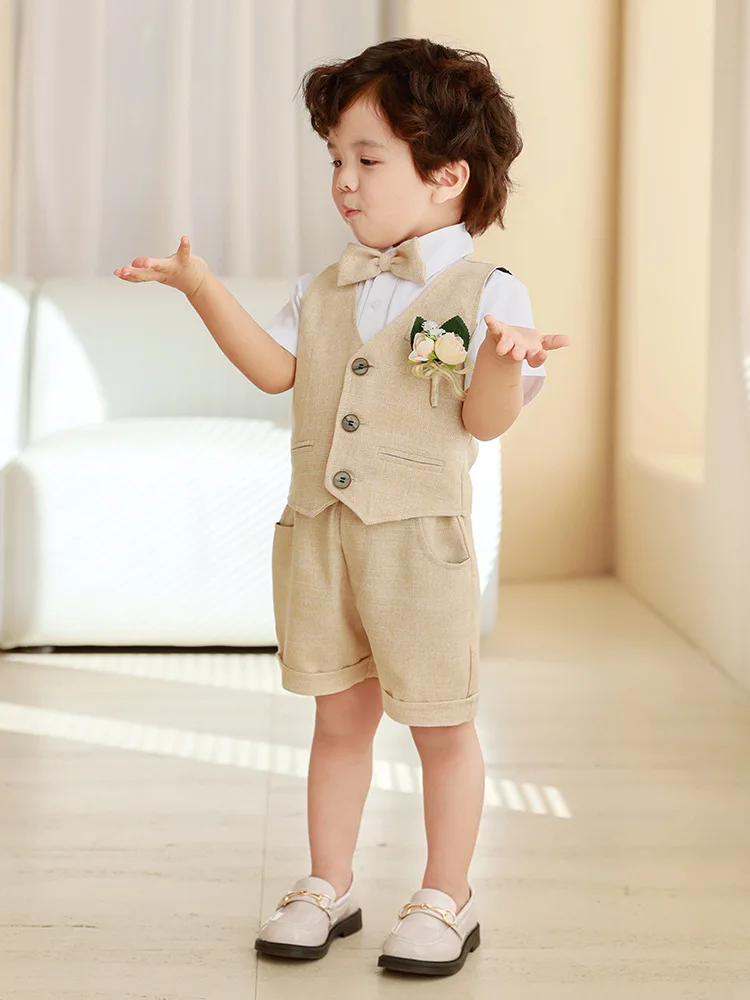 

Children's Summer Vest Suit Baby Birthday Host Piano Performance Costume Kids Waistcoat Shorts Shirs Bowtie Outfit