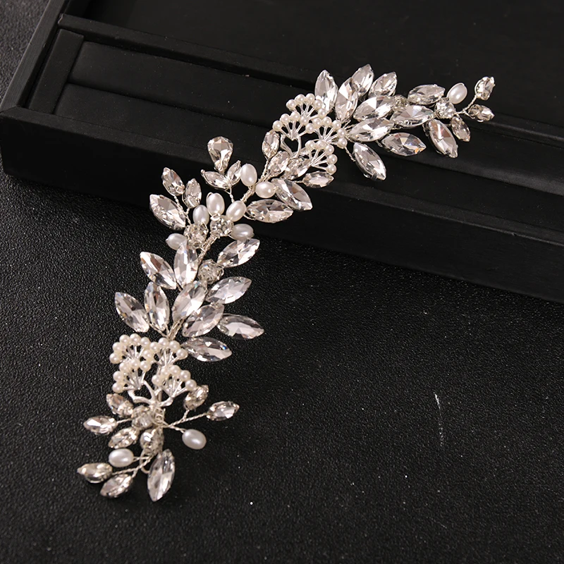 Silver Color Crystal Pearl Leaf Headband Hairband Tiara For Women Bride Bridal Wedding Hair Accessories  Jewelry Vine Headpiece