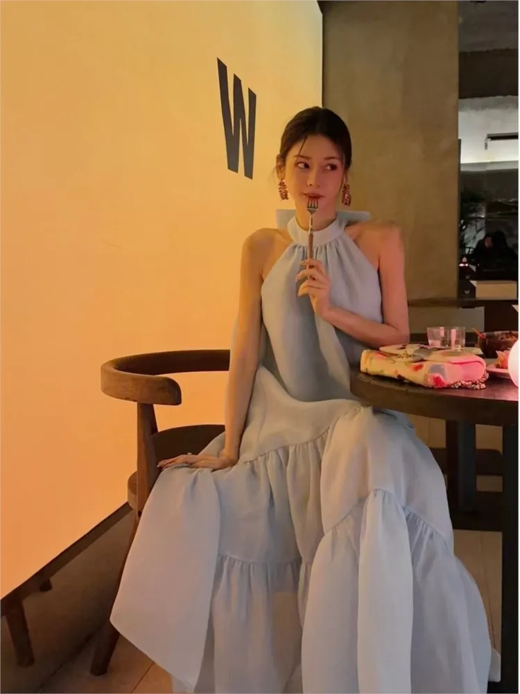 French Elegant Women\'s Summer Fashion 2024 New Sleeveless Strapless Bowknot Blue Long Skirt Kawaii Vest Prom Dress