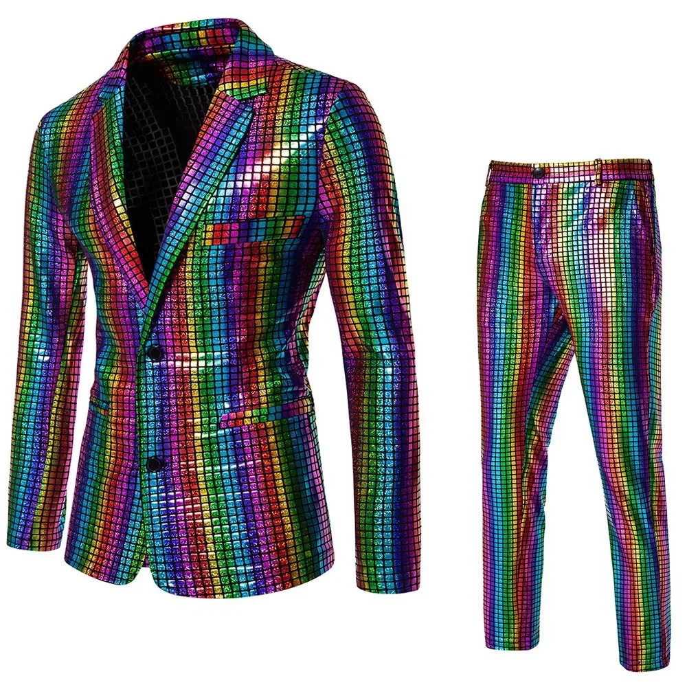 Conjunto de dos piezas de plata con lentejuelas ajustadas a la moda para hombre, traje con sello caliente, fiesta disco, Cosplay, escenario, fiesta en club nocturno, rendimiento fresco brillante